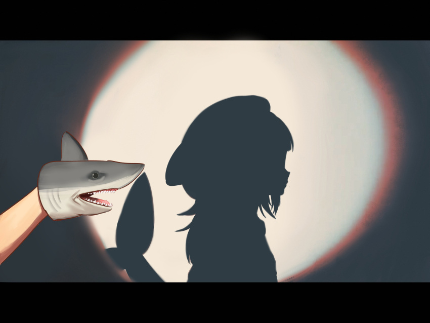 1girl absurdres commentary fins fish_tail gawr_gura hand_puppet highres hololive hololive_english hood hood_up long_hair parody profile puppet shadow shadow_puppet shark shark_tail sharkudon silhouette spotlight style_parody tail