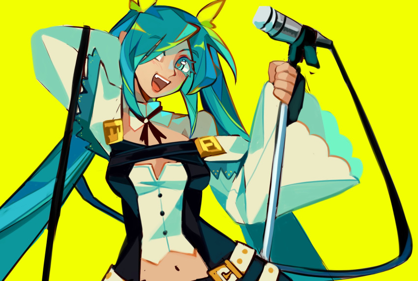 1girl blue_eyes blue_hair borcheim commentary cosplay dizzy_(guilty_gear) dizzy_(guilty_gear)_(cosplay) english_commentary guilty_gear hair_ribbon hair_rings hatsune_miku highres long_hair looking_at_viewer microphone miku_day open_mouth ribbon smile solo tail tail_ornament tail_ribbon twintails vocaloid yellow_ribbon