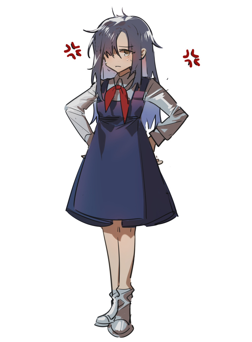 1girl absurdres aged_down angelia_(girls'_frontline) anger_vein angry blue_dress blue_hair blueblossom brown_eyes collared_shirt commentary dress english_commentary full_body girls_frontline hair_over_one_eye hands_on_own_hips highres long_hair long_sleeves neckerchief red_neckerchief shirt simple_background socks solo spoken_anger_vein white_background white_footwear white_shirt white_socks