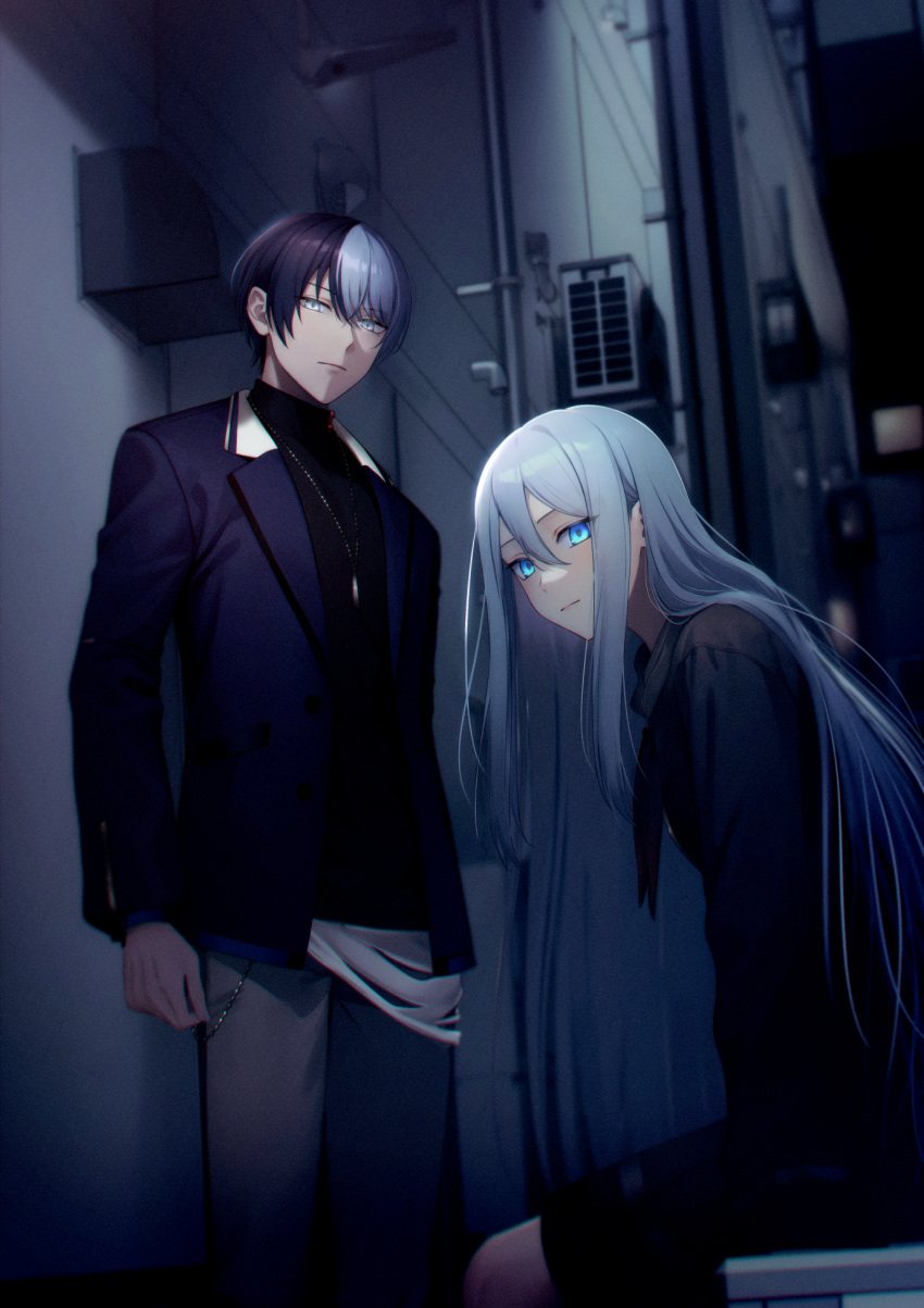 1boy 1girl air_conditioner alley aoyagi_touya belt_chain black_dress black_hair black_sweater blue_eyes blue_suit commentary_request dress expressionless feet_out_of_frame glowing glowing_eyes grey_eyes grey_hair hair_between_eyes highres jewelry long_hair multicolored_hair necklace project_sekai short_hair sitting split-color_hair standing suit sweater turtleneck turtleneck_sweater two-tone_hair very_long_hair yamaki_kai yoisaki_kanade