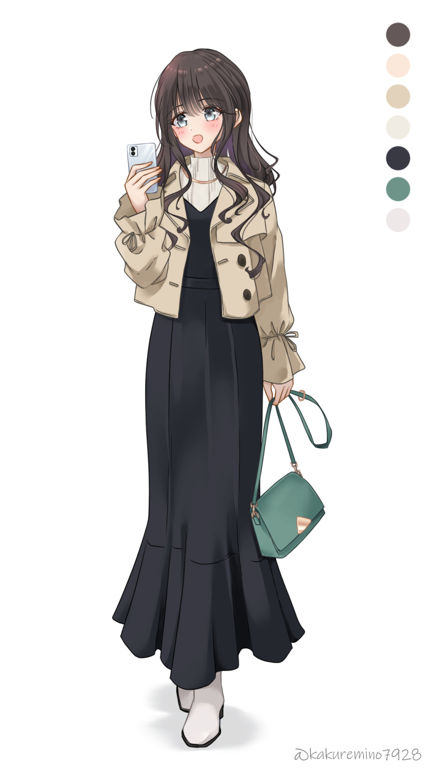 1girl :o bag black_dress blue_eyes blush boots brown_hair cellphone color_guide commentary dated_commentary dress full_body green_bag hair_over_shoulder hand_up highres holding holding_bag holding_phone jacket jewelry kakuremino7928 long_dress long_hair long_sleeves looking_at_viewer necklace open_clothes open_jacket open_mouth original phone puffy_long_sleeves puffy_sleeves shadow shirt shoulder_bag simple_background sleeves_past_wrists smartphone smile standing turtleneck_shirt twitter_username wavy_hair white_background white_footwear white_shirt yellow_jacket