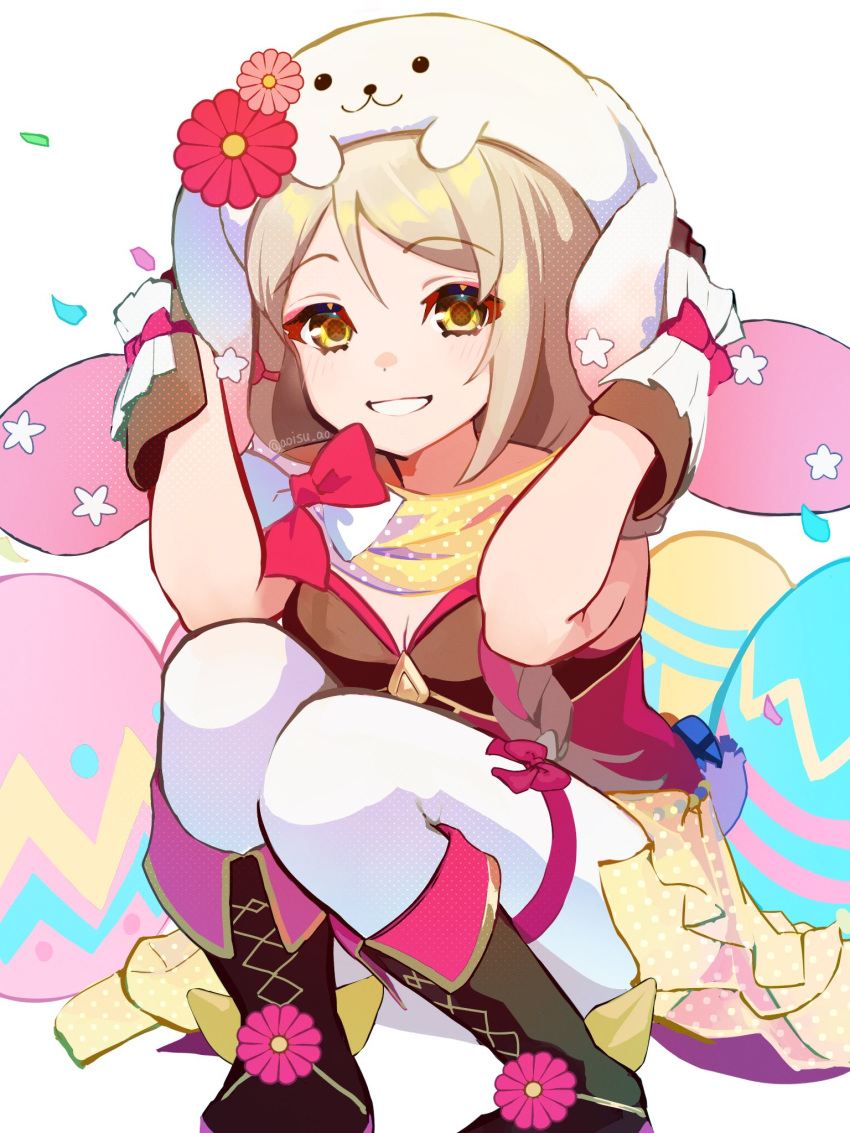 1girl animal_hat aoisu_ao blonde_hair braid braided_ponytail brown_gloves easter easter_egg egg expressive_clothes fire_emblem fire_emblem_engage fire_emblem_heroes flower_ornament framme_(fire_emblem) framme_(spring)_(fire_emblem) gloves hair_over_shoulder hat highres official_alternate_costume pantyhose pink_hair rabbit_hat scarf smile solo white_pantyhose yellow_eyes yellow_scarf