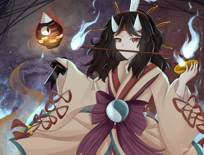1other androgynous black_hair blue_fire candle candle_on_head fire hairband highres horns japanese_clothes kimono len'en long_hair long_sleeves mouth_hold other_focus red_eyes red_ribbon ribbon short_hair solo taira_no_chouki temshi wide_sleeves yellow_kimono