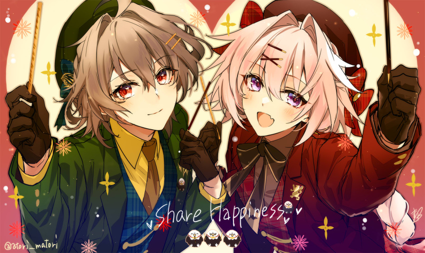 2boys ahoge astolfo_(fate) black_bow black_ribbon blue_vest blush bow braid brown_gloves brown_hair brown_necktie buttons cross double-breasted dress_shirt eyelashes fang fate/apocrypha fate/grand_order fate_(series) food food-themed_hair_ornament gloves green_headwear green_jacket grey_hair hair_between_eyes hair_bow hair_intakes hair_ornament hat hat_bow heart highres hippogriff jacket lapel_pin lapels light_blush light_smile long_braid long_hair matori_(penguin_batake) multicolored_hair multiple_boys neck_ribbon necktie notched_lapels open_mouth otoko_no_ko pink_hair plaid plaid_bow plaid_vest pocky pocky_hair_ornament red_bow red_eyes red_jacket ribbon shirt short_hair single_braid skin_fang smile streaked_hair suit suit_jacket twitter_username two-tone_hair vest violet_eyes wafer_stick white_hair yellow_shirt