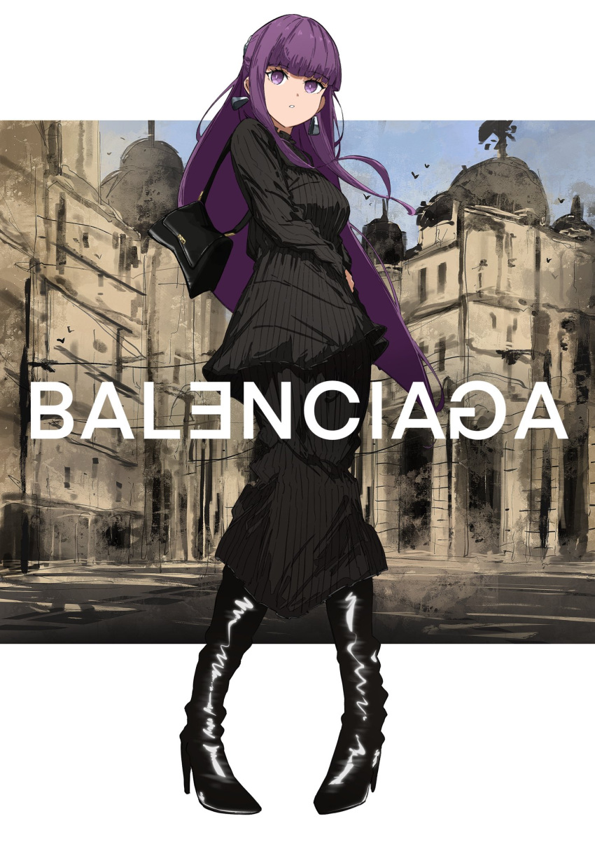 1girl bag balenciaga black_dress black_footwear blunt_bangs boots contemporary dangle_earrings dress earrings fashion fern_(sousou_no_frieren) full_body handbag hashtag_only_commentary high_heel_boots high_heels highres jewelry letterboxed parted_lips purple_hair solo sousou_no_frieren standing striped_clothes striped_dress t.k.c vertical-striped_clothes vertical-striped_dress violet_eyes
