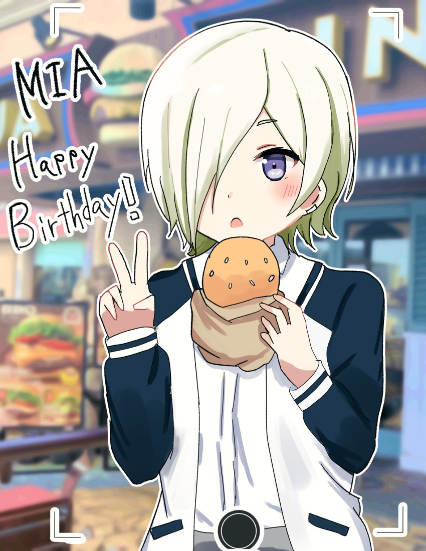 1girl blonde_hair blurry blurry_background blush burger character_name commentary_request ear_piercing food hair_over_one_eye happy_birthday highres holding holding_food jacket long_hair looking_at_viewer love_live! love_live!_nijigasaki_high_school_idol_club mia_taylor one_eye_covered open_mouth piercing ranmaki125 shirt short_hair solo upper_body v viewfinder violet_eyes white_jacket white_shirt
