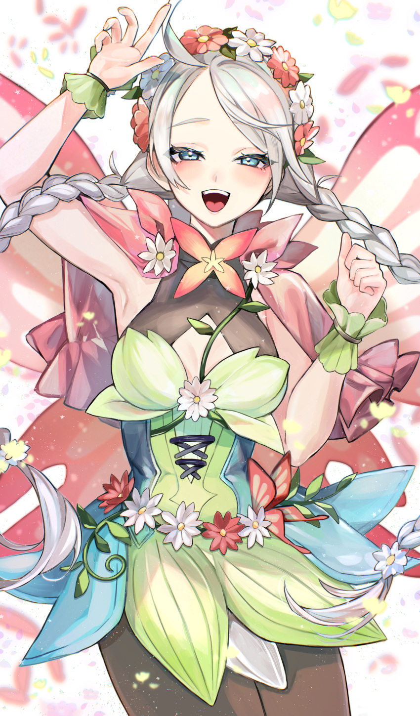 1girl absurdres ahoge armpits arms_up blue_eyes braid breasts brown_pantyhose butterfly_wings capelet commission commissioner_upload cross-laced_clothes cross-laced_dress dress fairy_wings fire_emblem fire_emblem_fates fire_emblem_heroes flower flower_bracelet gradient_clothes green_bracelet grey_hair hair_flower hair_ornament hair_vines hairband highres insect_wings leaf_bracelet long_hair looking_at_viewer low_twin_braids medium_breasts nina_(fire_emblem) nina_(resplendent)_(fire_emblem) official_alternate_costume osiri_siri_siri pantyhose pink_capelet pink_flower short_dress skeb_commission solo twin_braids twintails vine_belt vine_bracelet vine_harness white_flower wings