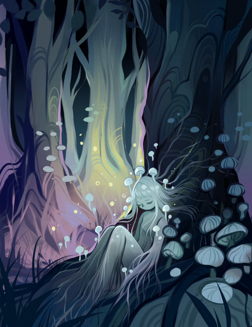 1girl closed_eyes colored_skin english_commentary eyelashes fantasy feefal forest fusion grey_hair grey_skin highres light_particles long_hair mushroom mushroom_girl nature original outdoors roots sitting tree