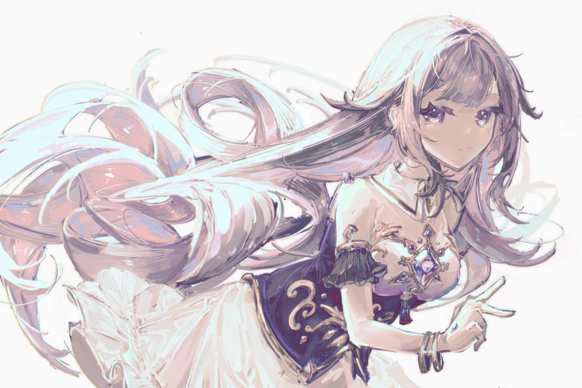 1girl arm_cuffs blunt_bangs center-flap_bangs chest_jewel circlet detached_collar dress gem grey_hair hair_flaps highres hololive hololive_english jewelry koseki_bijou light_smile long_hair looking_at_viewer simple_background sleeveless sleeveless_dress solo somewhatdino v very_long_hair violet_eyes virtual_youtuber white_background white_dress