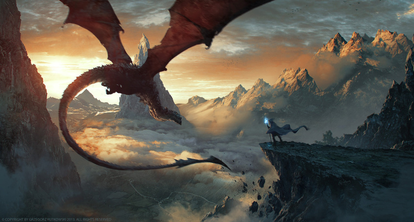1other above_clouds ambiguous_gender animal_focus artist_name cape cliff clouds cloudy_sky commentary copyright_notice dragon english_commentary fantasy floating_cape flying from_above greg_rutkowski grey_cape grey_headwear hat holding holding_staff landscape mountain orange_sky original outdoors realistic scenery simple_bird sky staff standing sunset tail very_wide_shot western_dragon wizard wizard_hat wyvern