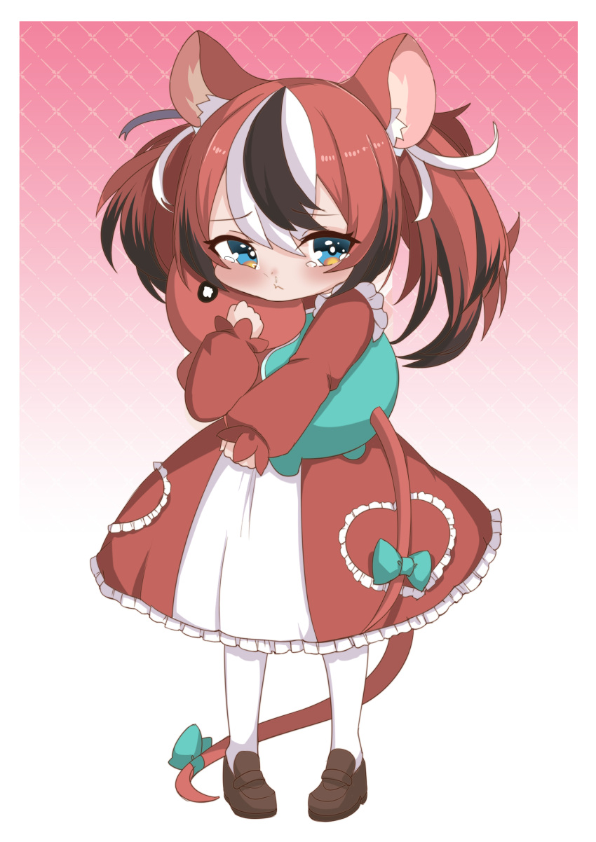 1girl absurdres aged_down animal_ear_fluff animal_ears blush bow brown_dress brown_footwear brown_hair child dress full_body hakos_baelz highres hololive hololive_english hug hugging_object mouse_ears mouse_girl mouse_tail mr._squeaks_(hakos_baelz) multicolored_hair pantyhose ribbon senbon_tsuki shoes solo standing streaked_hair stuffed_animal stuffed_toy tail tail_bow tail_ornament tears twintails two-tone_dress virtual_youtuber white_dress white_pantyhose