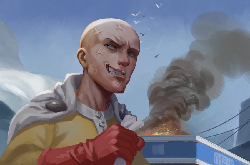 1boy anger_vein black_eyes bodysuit cape clenched_hand clenched_teeth commentary_request gloves male_focus one-punch_man outdoors ranhao2181547 red_gloves saitama_(one-punch_man) smoke solo teeth veins white_cape yellow_bodysuit