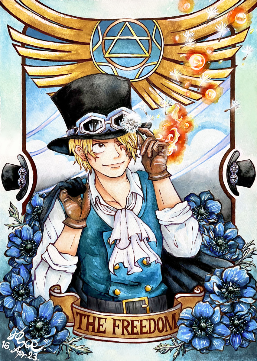 1boy absurdres ascot black_eyes black_headwear blonde_hair brown_gloves closed_mouth commentary_request english_text gloves goggles goggles_on_headwear hair_over_one_eye hat highres male_focus one_eye_closed one_eye_covered one_piece plussquare sabo_(one_piece) scar scar_across_eye scar_on_face short_hair smile solo top_hat white_ascot
