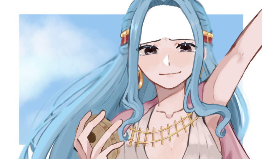 1girl arm_up blue_background blue_hair border brown_eyes cape close-up commentary_request crying dress earrings hair_ornament highres holding jewelry light_smile long_hair looking_at_viewer nefertari_vivi one_piece pink_cape sa_wint sidelocks solo tears white_border white_dress