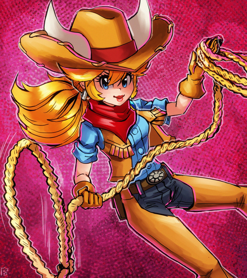 1girl absurdres belt blonde_hair blue_eyes breasts cow_girl cow_horns cowgirl_peach gloves hat highres holding holding_lasso holding_rope horns lasso lips long_hair looking_at_viewer neckerchief official_alternate_costume official_alternate_hairstyle pants ponytail princess_peach princess_peach:_showtime! red_neckerchief rope solo stoic_seraphim super_mario_bros.