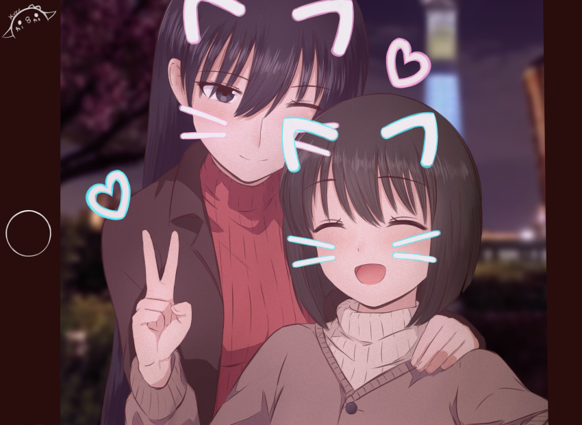 2girls :d ^_^ absurdres animal_ears artist_logo artist_name azumanga_daioh black_eyes black_hair black_jacket blunt_ends blurry blurry_background blush bob_cut breasts brown_cardigan brown_hair brown_sweater building cardigan cat_ears circle close-up closed_eyes closed_mouth commentary depth_of_field drawn_ears drawn_heart drawn_whiskers english_commentary fake_animal_ears foliage hair_between_eyes hand_on_another's_shoulder hand_up heads_together heart height_difference highres jacket kaori_(azumanga_daioh) kurumimi_birb large_breasts light_blush long_bangs long_hair long_sleeves looking_at_another multiple_girls night nuzzle one_eye_closed open_clothes open_jacket open_mouth pillarboxed portrait red_sweater ribbed_sweater sakaki_(azumanga_daioh) selfie short_hair side-by-side signature small_breasts smile sweater tree turtleneck turtleneck_sweater upper_body v very_long_hair whiskers