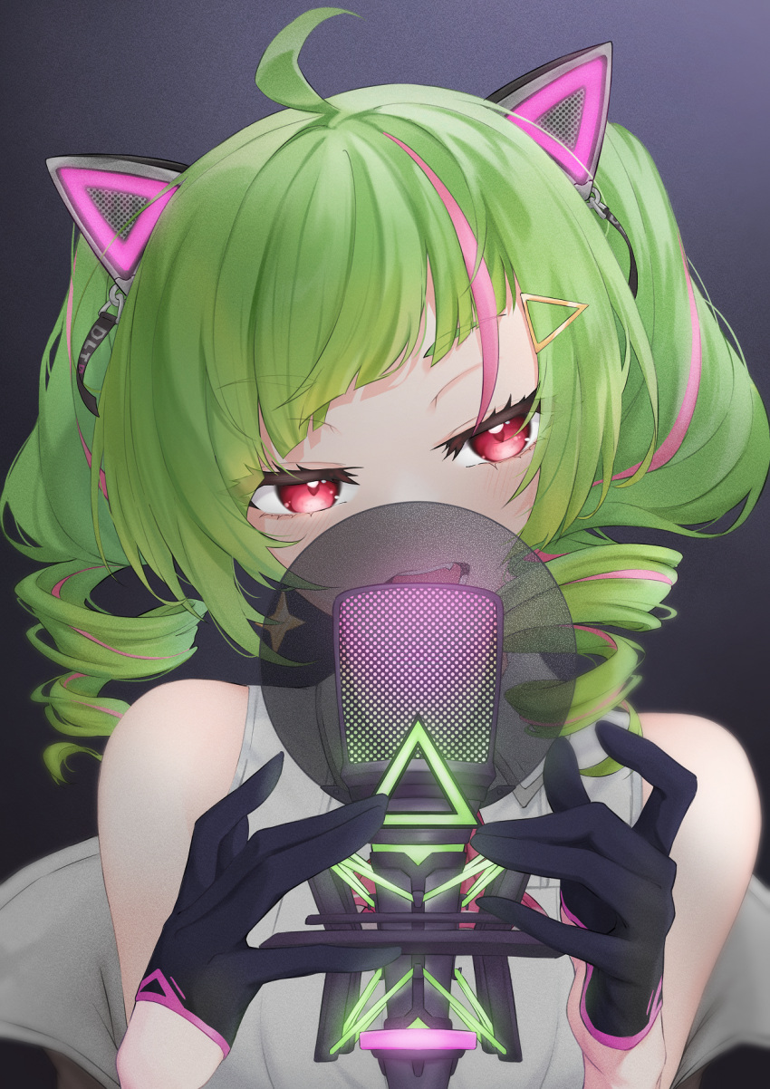1girl a9_(repainter) ahoge animal_ears ascot bare_shoulders black_gloves blush cat_ears collared_shirt commentary delutaya diagonal_bangs drill_hair earrings eyelashes fake_animal_ears fang gloves green_hair grey_background hair_ornament hairclip half_gloves hands_up highres indie_virtual_youtuber jewelry looking_at_viewer medium_hair microphone microphone_stand multicolored_hair music open_mouth pink_ascot pink_hair pop_filter red_eyes shirt sidelocks simple_background singing sleeveless sleeveless_shirt solo star_(symbol) star_earrings streaked_hair studio_microphone symbol-only_commentary teeth triangle_hair_ornament twin_drills upper_body virtual_youtuber white_shirt wing_collar