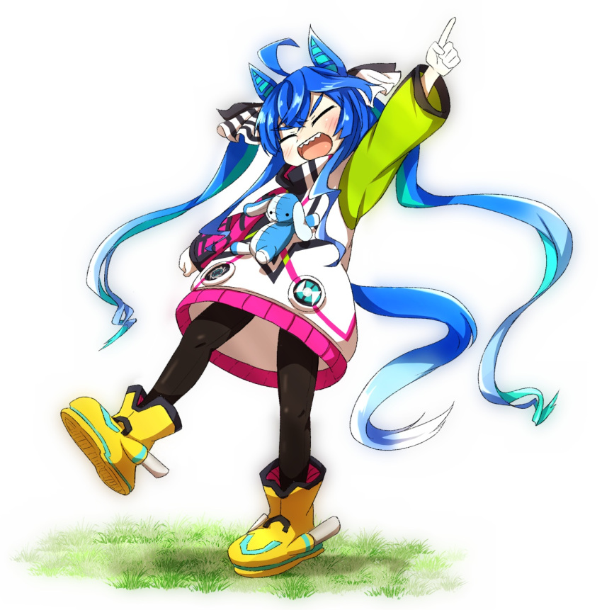 1girl ahoge animal_ears aqua_hair arm_up black_leggings blue_hair blush boots bow clenched_hand closed_eyes commentary_request crossed_bangs full_body grass hair_bow highres hood hoodie horse_ears horse_girl horse_tail leg_up leggings long_hair long_sleeves multicolored_clothes multicolored_hair multicolored_hoodie open_mouth pointing pointing_up rakuto89 sharp_teeth sidelocks simple_background solo standing standing_on_one_leg striped_bow stuffed_animal stuffed_rabbit stuffed_toy tail teeth twin_turbo_(umamusume) twintails two-tone_hair umamusume upper_teeth_only very_long_hair white_background yellow_footwear