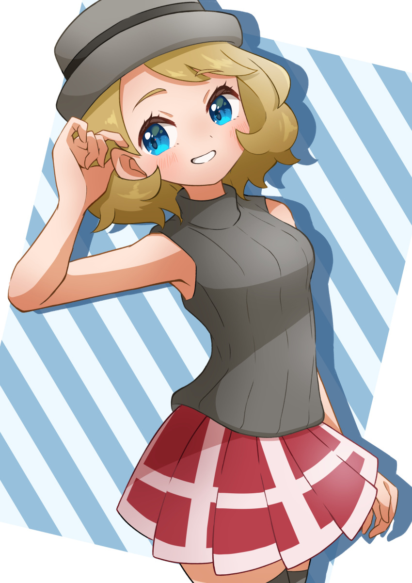 1girl absurdres blonde_hair blue_eyes blush breasts commentary_request eyelashes grey_headwear grin hand_up hat highres looking_to_the_side medium_hair pleated_skirt pokemon pokemon_(anime) pokemon_journeys red_skirt refisa serena_(pokemon) skirt smile solo sweater_vest teeth thigh-highs