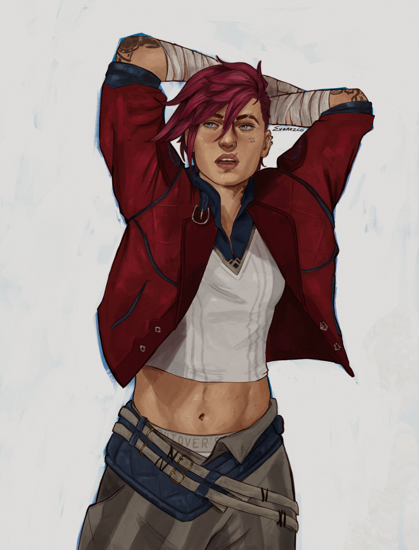 1girl absurdres arcane:_league_of_legends arcane_vi arm_tattoo arms_behind_head bandaged_arm bandages belt blue_eyes evanezco99 grey_pants highres jacket league_of_legends long_sleeves midriff navel nose_piercing open_mouth pants piercing red_jacket redhead roman_numeral shirt simple_background solo striped_clothes striped_pants tattoo twitter_username upper_body vi_(league_of_legends) white_background white_shirt