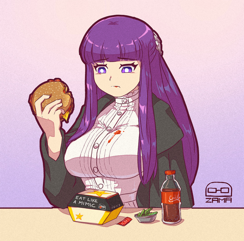 1girl artist_logo artist_name black_coat blunt_bangs breasts bright_pupils burger carl's_jr. cheese coat dress drink eating english_text fern_(sousou_no_frieren) food food_on_clothes food_on_face gradient_background holding holding_food ketchup large_breasts long_hair long_sleeves purple_hair sauce sidelocks solo sousou_no_frieren tacozama upper_body violet_eyes white_dress white_pupils