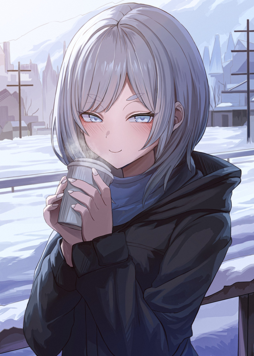 1girl absurdres akershus_fortress_(oshiro_project) black_hoodie blue_eyes blue_scarf blush closed_mouth cup disposable_cup drink grey_hair hands_up highres holding holding_cup holding_drink hood hoodie long_sleeves looking_at_viewer medium_hair miyabino_(miyabi1616) oshiro_project:re outdoors railing scarf snow solo steam swept_bangs upper_body