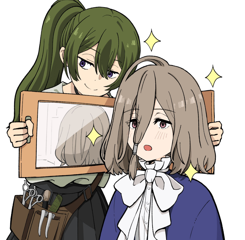 2girls :o alternate_hair_length alternate_hairstyle barber comb commentary_request frieren green_hair highres holding holding_mirror mirror multiple_girls oxymoron_0213 scissors sense_(sousou_no_frieren) side_ponytail simple_background smile sousou_no_frieren sparkle ubel_(sousou_no_frieren) upper_body violet_eyes white_background