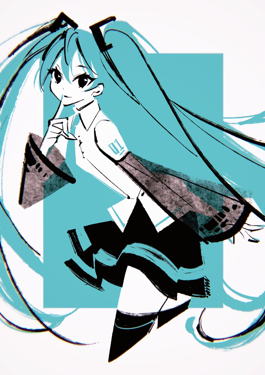 1girl absurdres aqua_background aqua_hair aqua_nails aqua_necktie aqua_theme black_skirt black_sleeves black_thighhighs blending border closed_mouth collared_shirt cowboy_shot cropped_legs detached_sleeves finger_to_mouth from_side hand_up hatsune_miku highres leaning_forward limited_palette long_hair long_sleeves looking_at_viewer looking_to_the_side marina_(mrn9) miniskirt nail_polish necktie outside_border see-through see-through_sleeves shirt skirt sleeveless sleeveless_shirt smile solo standing thigh-highs twintails very_long_hair vocaloid white_border white_shirt wide_sleeves zettai_ryouiki