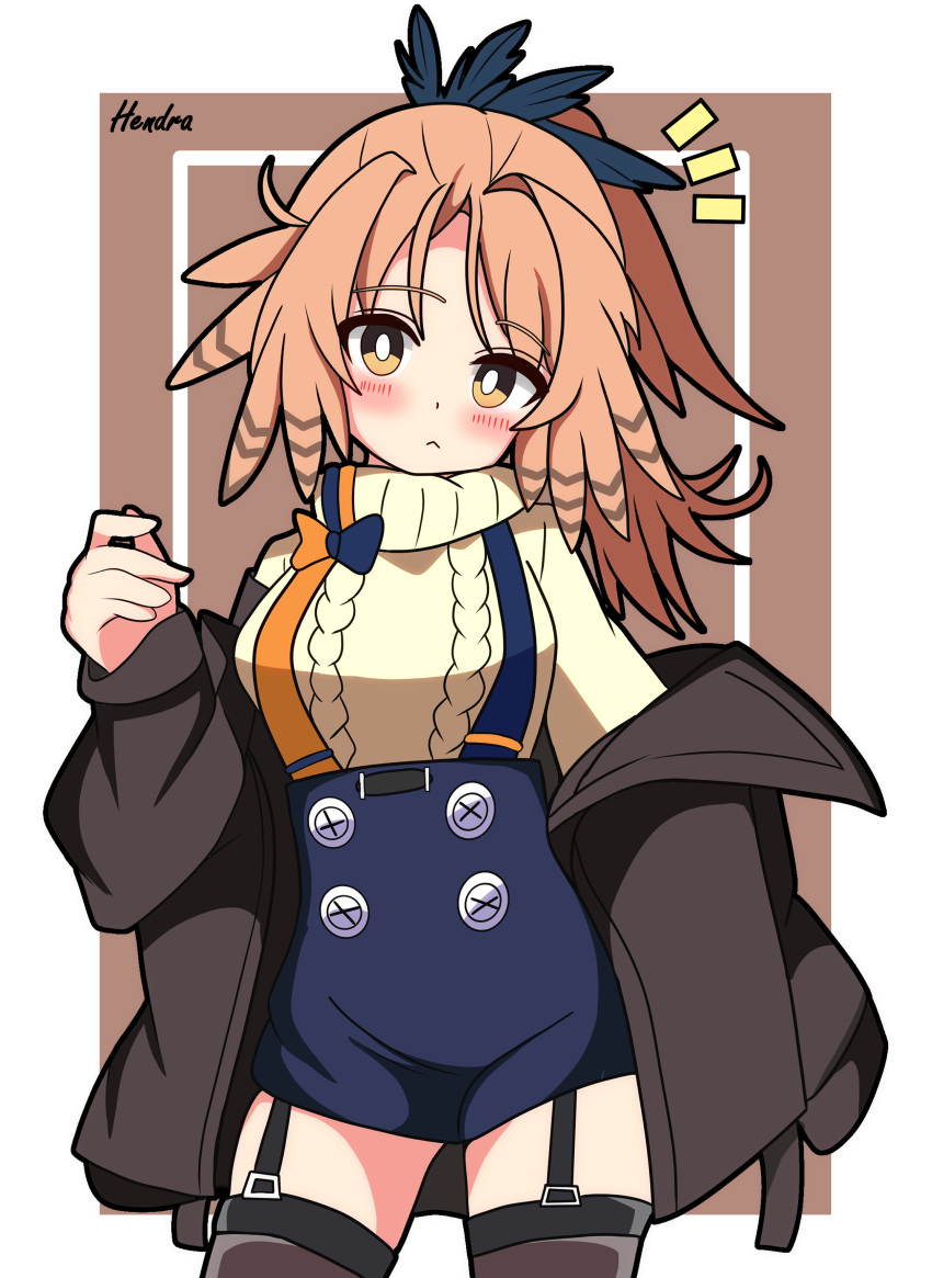 1girl :&lt; absurdres arknights arm_at_side bird_girl black_jacket blue_skirt blush border brown_background brown_thighhighs buttons cable_knit closed_mouth contrapposto cowboy_shot dot_nose double-breasted garter_straps hand_up head_wings hendra high-waist_skirt highres inset_border jacket legs_apart long_hair long_sleeves off_shoulder open_clothes open_jacket orange_hair pinecone_(arknights) ponytail signature skirt sleeves_past_fingers sleeves_past_wrists solo suspender_skirt suspenders sweater thigh-highs turtleneck turtleneck_sweater white_border wings yellow_eyes yellow_sweater zettai_ryouiki