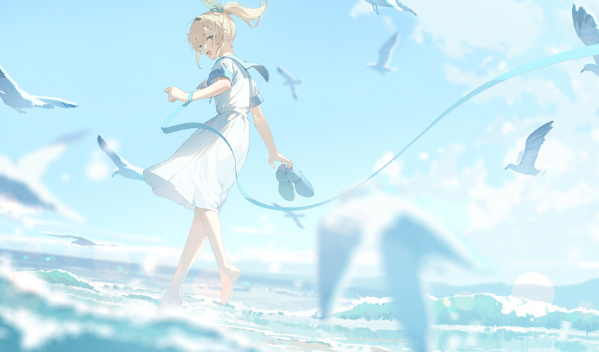 1girl bare_legs barefoot beach bird blonde_hair blue_eyes blue_sailor_collar blue_sky clouds cloudy_sky day dress from_behind hair_between_eyes hair_ornament hana_mori highres holding holding_shoes hololive horizon kazama_iroha leaf_hair_ornament long_hair looking_at_viewer looking_back ocean open_mouth outdoors ponytail ribbon sailor_collar sailor_dress sand seagull shoes short_sleeves sky smile solo splashing standing virtual_youtuber wading water waves white_dress wrist_ribbon