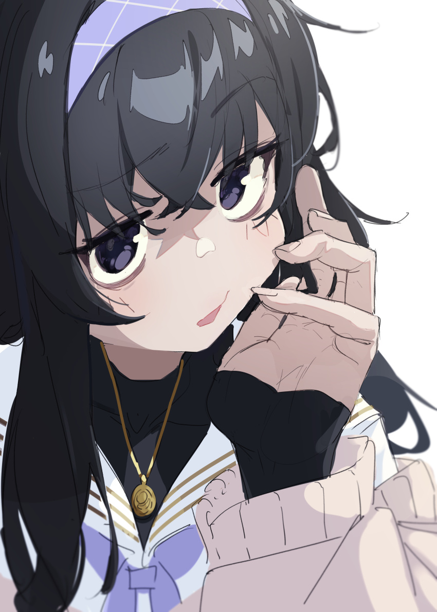 1girl absurdres black_hair black_shirt blue_archive blush cardigan fingernails grey_cardigan hairband highres jewelry kilabo long_hair long_sleeves open_mouth pendant purple_hairband shirt simple_background solo ui_(blue_archive) upper_body violet_eyes white_background