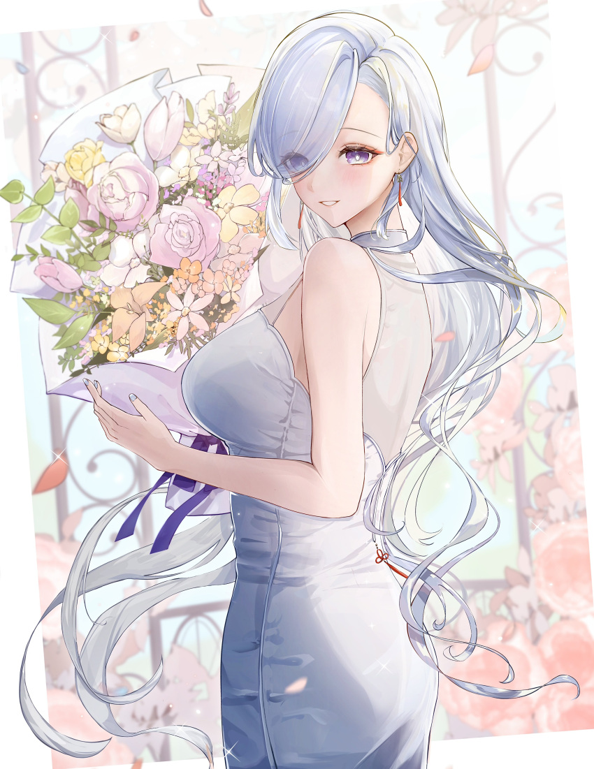 1girl absurdres alternate_costume alternate_hairstyle arano0910 asymmetrical_bangs bare_shoulders blush bouquet breasts clenched_teeth cowboy_shot dress eyes_visible_through_hair flower from_side genshin_impact grey_dress grey_hair grey_nails hair_over_one_eye highres holding holding_bouquet large_breasts long_hair looking_at_viewer nail_polish open_mouth pink_flower shenhe_(genshin_impact) sleeveless sleeveless_dress smile solo teeth turning_head violet_eyes