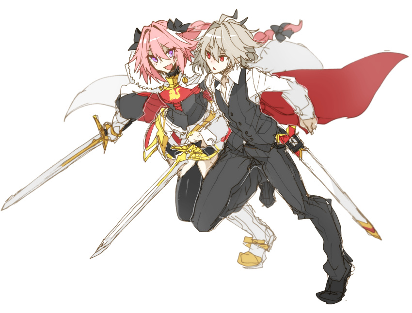 2boys ahoge armored_skirt astolfo_(fate) black_bow black_footwear black_pants black_shirt black_thighhighs black_vest boots bow braid buttons cape fang fate/apocrypha fate_(series) fur-trimmed_cape fur_trim garter_straps gauntlets grey_hair hair_between_eyes hair_bow hair_intakes haoro highres holding holding_sword holding_weapon light_blush long_braid long_hair male_focus multicolored_hair multiple_boys open_mouth otoko_no_ko pants partially_unbuttoned pink_hair red_eyes running scabbard sheath shirt short_hair side-by-side sieg_(fate) single_braid skin_fang smile standing standing_on_one_leg streaked_hair sword thigh-highs two-sided_cape two-sided_fabric two-tone_hair unsheathed vest violet_eyes weapon white_cape white_footwear white_hair white_shirt
