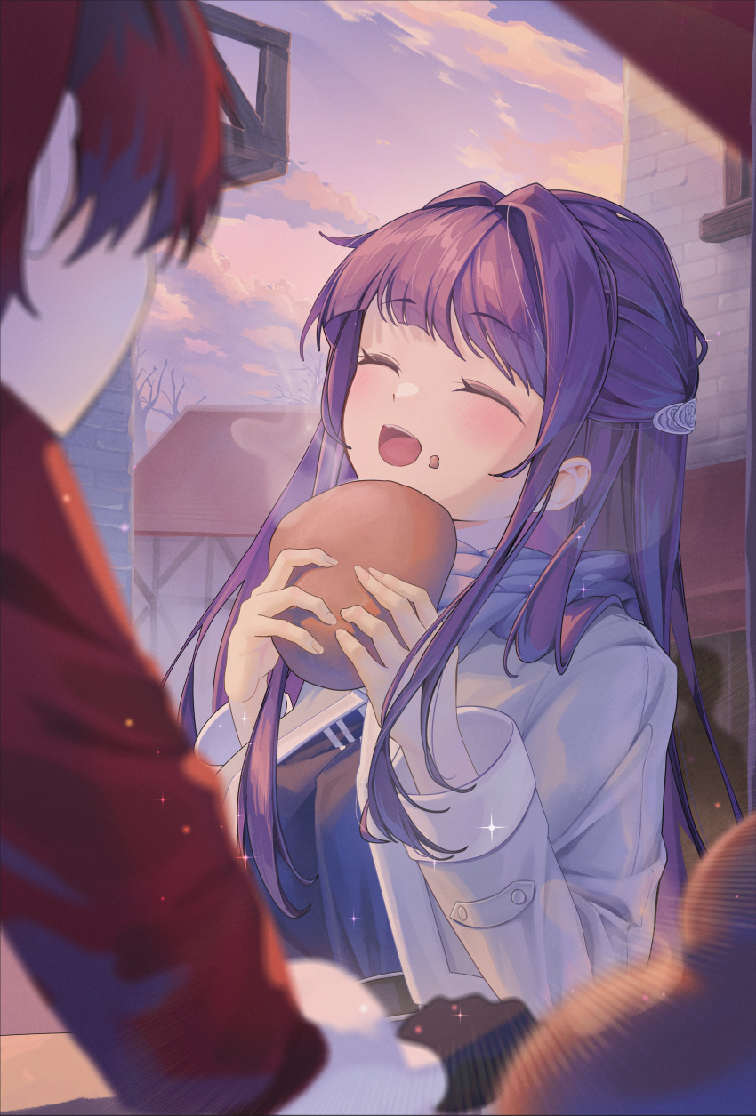 1boy 1girl absurdres bare_tree blue_scarf blurry blurry_foreground blush bread breasts brick_wall burger closed_eyes clouds coat dating dress eating fern_(sousou_no_frieren) food food_on_face highres holding holding_food lazy_cat long_hair long_sleeves open_mouth outdoors purple_hair purple_sky redhead scarf sidelocks sky smile sousou_no_frieren sparkle stark_(sousou_no_frieren) tree white_coat
