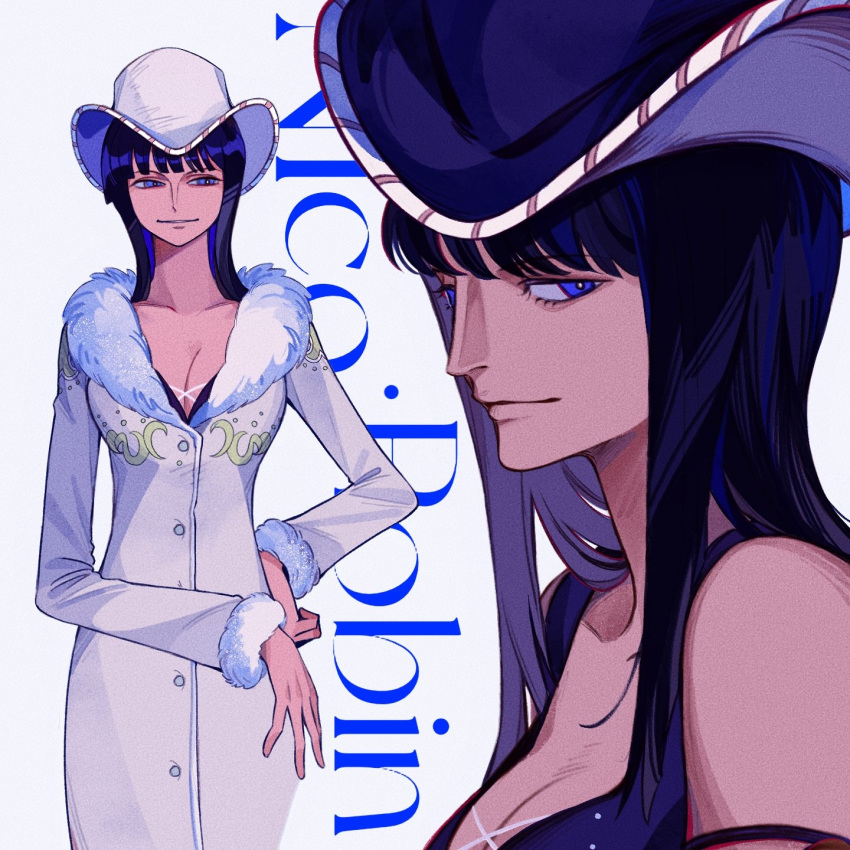 1girl armlet black_hair blue_eyes blunt_bangs character_name close-up coat commentary cowboy_shot facing_viewer fur_collar hair_over_shoulder hand_on_own_hip hat highres light_smile long_coat looking_to_the_side medium_hair multiple_views nico_robin one_piece profile purple_headwear shirt sleeveless sleeveless_shirt smile symbol-only_commentary white_background white_coat white_headwear zhoujo51