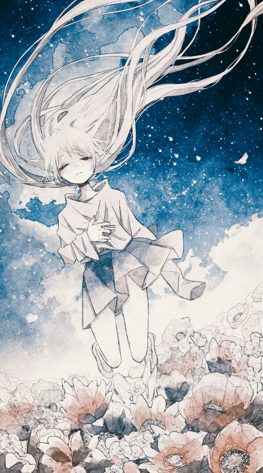 1girl absurdres closed_eyes closed_mouth clouds field floating_hair flower flower_field highres long_hair long_sleeves original oseto_(oxxsexxto) painting_(medium) pale_skin petals pleated_skirt shirt skirt sky solo star_(sky) starry_sky traditional_media very_long_hair watercolor_(medium) white_hair