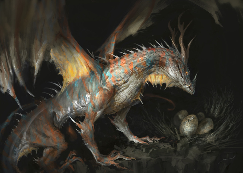 animal_focus antlers claws commentary dark dragon egg english_commentary fantasy hatching horns looking_at_viewer manzanedo monster nest no_humans original outdoors realistic spikes tail tusks western_dragon wings yellow_eyes