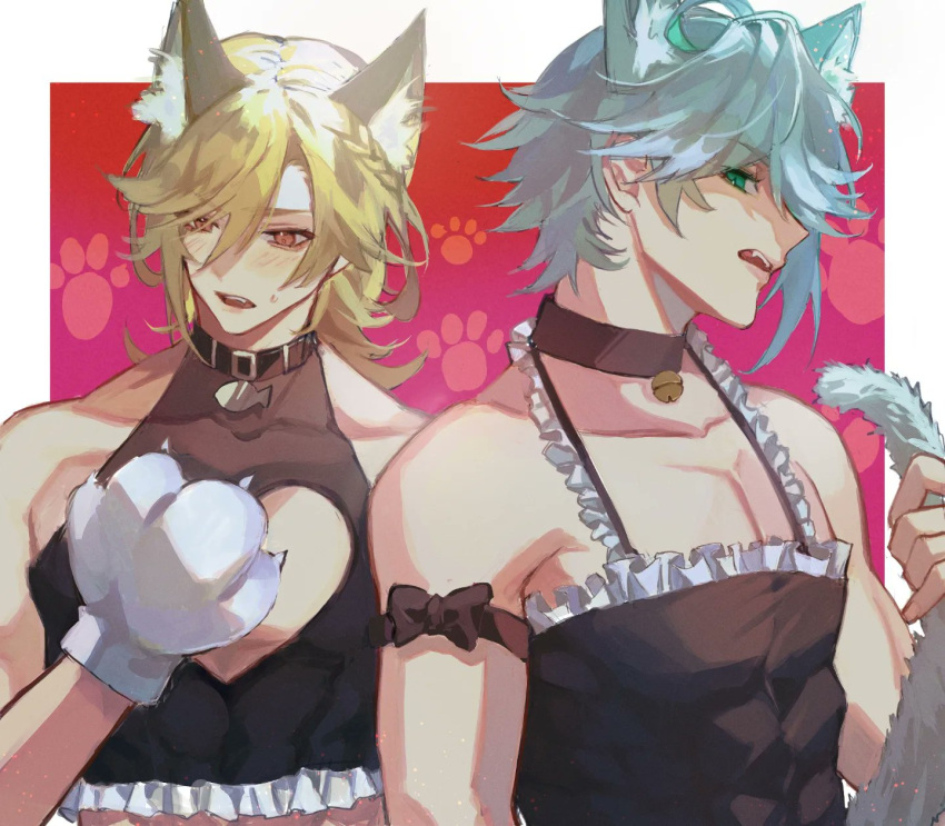 2boys alhaitham_(genshin_impact) animal_ear_fluff animal_ears animal_hands bare_shoulders bell belt_collar black_camisole black_choker black_shirt blonde_hair blue_hair blush brown_eyes camisole cat_boy cat_ears choker cleavage_cutout clothing_cutout collar fang genshin_impact gloves green_eyes head_tilt heart highres holding_own_tail kaveh_(genshin_impact) looking_at_viewer looking_to_the_side male_focus mayu_mey medium_hair multiple_boys muscular muscular_male neck_bell open_mouth paw_gloves paw_print paw_print_background red_background shirt short_hair sideways_glance sleeveless sleeveless_shirt sweatdrop tail white_background