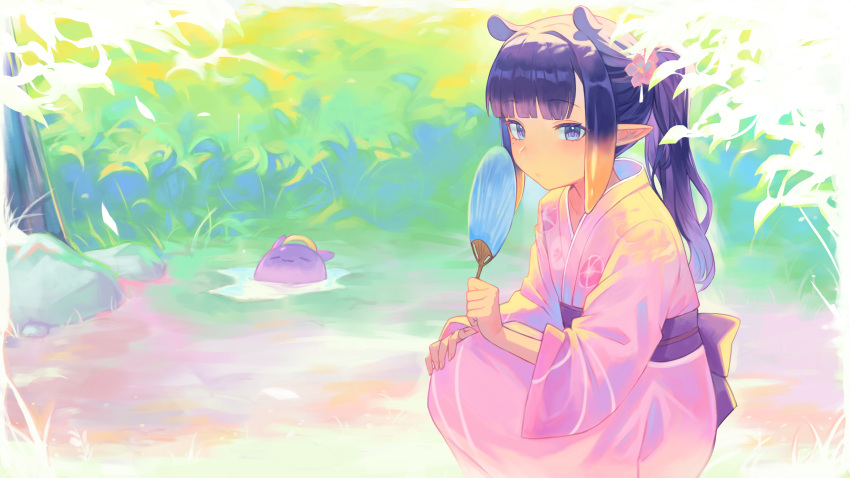 1girl :3 absurdres blunt_bangs blush bush closed_eyes closed_mouth commentary_request day double-parted_bangs expressionless eyelashes floral_print flower gradient_hair grass hair_flower hair_intakes hair_ornament halo hand_fan hand_up highres holding holding_fan hololive hololive_english japanese_clothes kimono kiwwwwwi long_hair long_sleeves looking_at_viewer mole mole_under_eye morning_glory_print multicolored_hair ninomae_ina'nis obi obijime orange_hair outdoors paper_fan partially_submerged pink_flower pink_kimono pointy_ears ponytail print_kimono puddle purple_hair purple_sash rock sash sidelocks smile solo squatting takodachi_(ninomae_ina'nis) tentacle_hair tree uchiwa violet_eyes virtual_youtuber water wide_sleeves