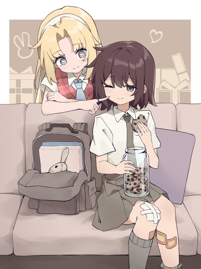 2girls amelia_lee backpack bag bandaid bandaid_on_leg beatrice_reden blonde_hair blue_necktie blush breast_pocket brown_eyes brown_hair chocolate_chip_cookie closed_mouth collared_shirt cookie cookie_jar couch feet_out_of_frame finger_to_another's_cheek food gauze_on_knee grey_eyes grey_necktie grey_skirt grey_socks hair_between_eyes hairband heart heart-shaped_pupils highres holding holding_cookie holding_food holding_jar i_love_amy jar kneehighs knees_together_feet_apart looking_at_another maidcode1023 medium_hair miniskirt multiple_girls necktie one_eye_closed parted_bangs pillow pleated_skirt pocket red_sweater_vest school_uniform shirt short_sleeves single_kneehigh single_sock sitting skirt smile socks sweater_vest symbol-shaped_pupils v-neck white_hairband white_shirt yuri