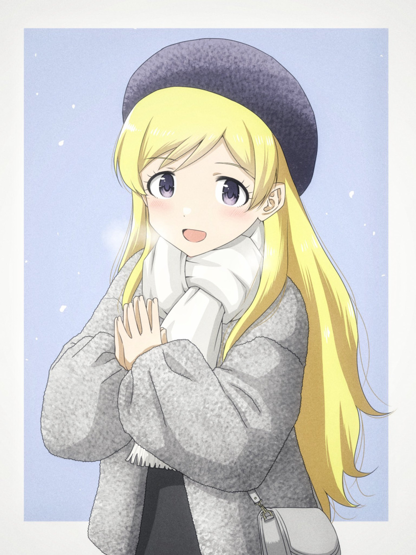 1girl bag blonde_hair blush breath coat dot_nose emily_stewart eyelashes grey_coat hat highres idolmaster idolmaster_million_live! idolmaster_million_live!_theater_days long_hair long_sleeves looking_at_viewer matcha_kingyo official_alternate_hairstyle open_mouth palms_together parted_bangs scarf shoulder_bag snow solo straight_hair tam_o'_shanter upper_body very_long_hair violet_eyes white_scarf