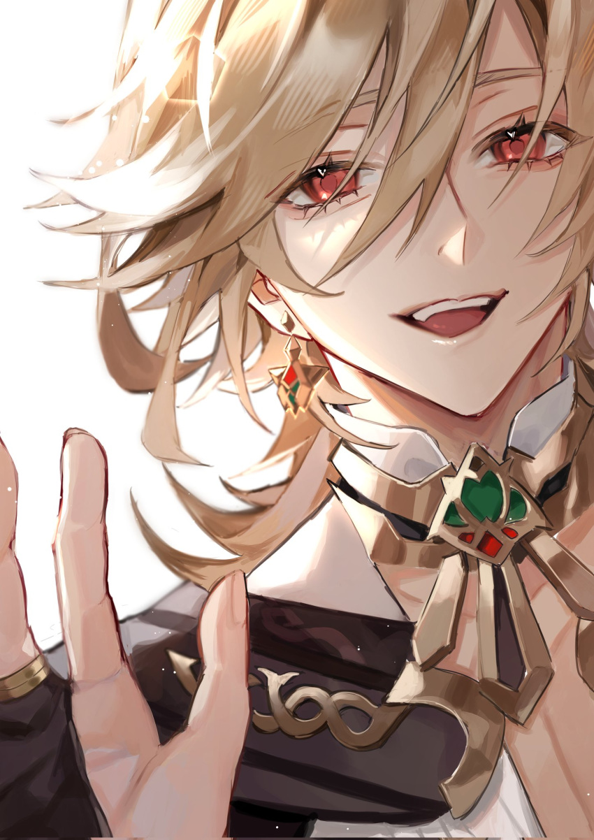 1boy blonde_hair bridal_gauntlets earrings genshin_impact hand_up highres jewelry kaveh_(genshin_impact) long_hair mayu_mey open_clothes open_mouth open_shirt red_eyes shirt simple_background solo straight_hair teeth tongue upper_teeth_only white_background white_shirt
