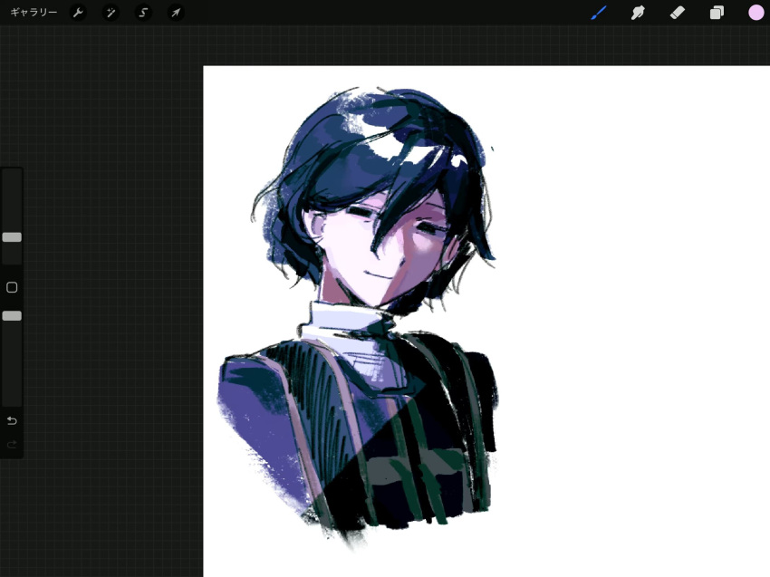 1boy art_program_in_frame black_eyes blue_hair closed_mouth commentary cropped_torso gold_trim hair_between_eyes highres jacket male_focus procreate_(medium) procreate_(software) purple_jacket saibou_shinkyoku shirt short_hair simple_background smile solo stole utsugi_noriyuki wawa_ey white_background white_shirt