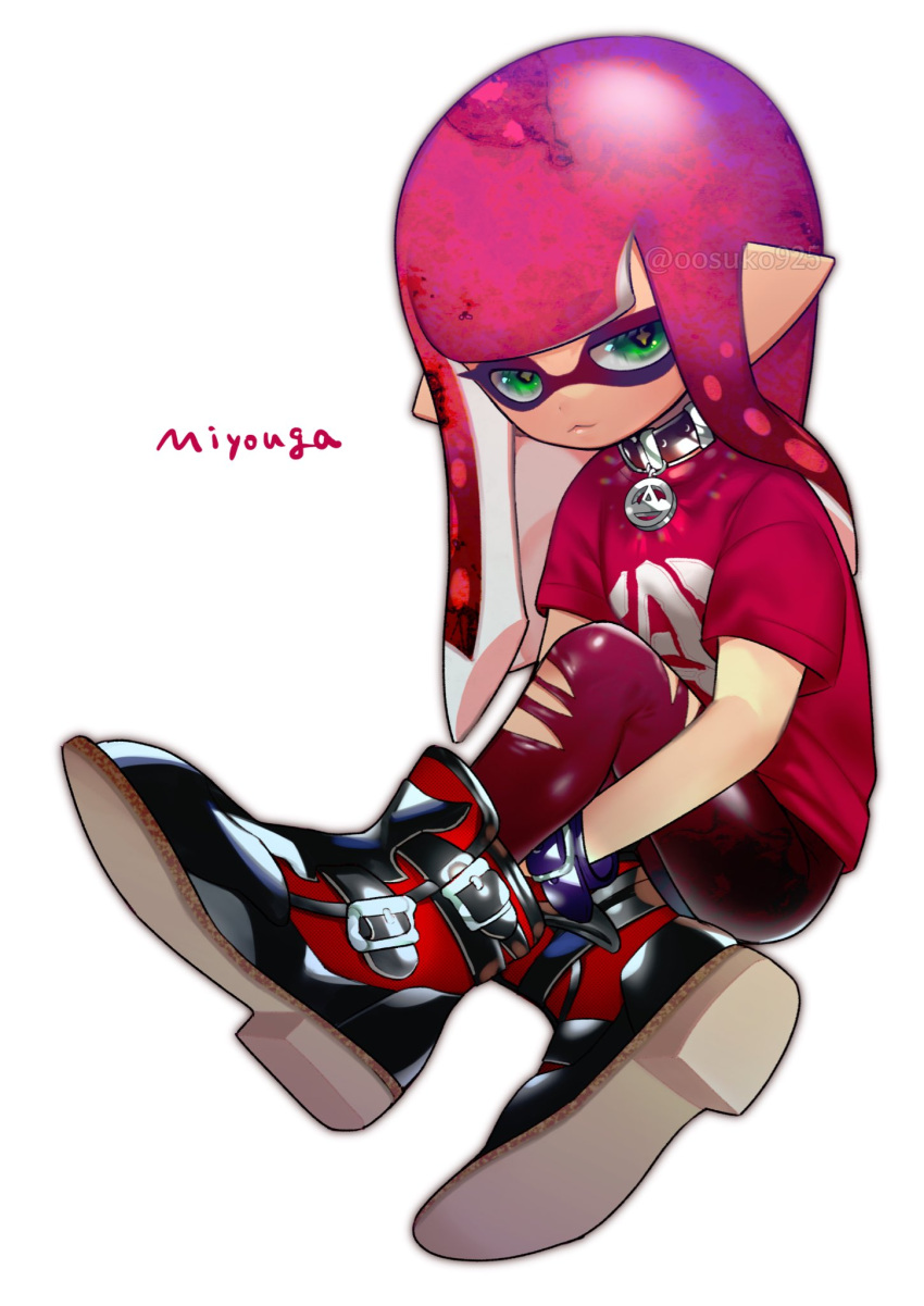 1girl belt_collar black_footwear closed_mouth collar commentary_request green_eyes highres inkling inkling_girl inkling_player_character invisible_chair long_hair naoki_(oosuko) pants pointy_ears print_shirt red_footwear red_pants red_shirt redhead shirt shoes simple_background sitting solo splatoon_(series) star-shaped_pupils star_(symbol) symbol-shaped_pupils tentacle_hair torn_clothes torn_pants two-tone_footwear white_background