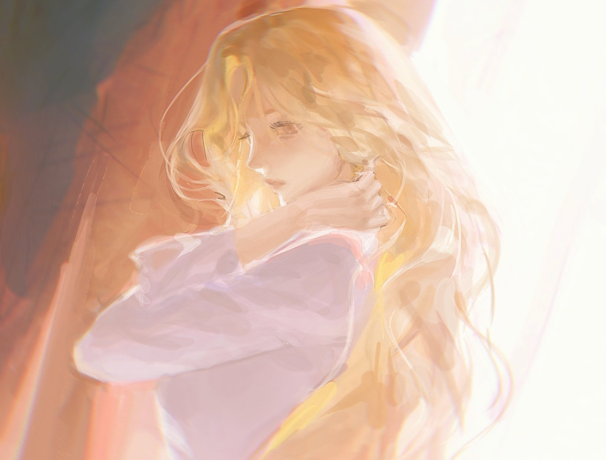 1girl blonde_hair brown_background chinese_commentary closed_eyes eyelashes from_side hand_up highres kny_yy long_hair long_sleeves original parted_lips shirt solo two-tone_background upper_body white_background white_shirt