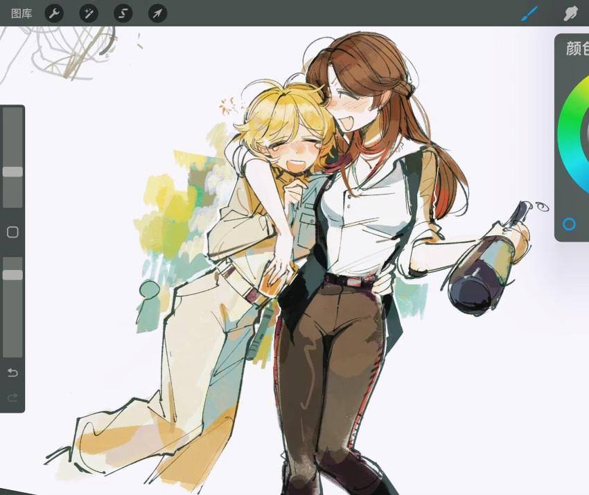 2girls :d arm_around_neck arm_around_waist art_program_in_frame black_vest blonde_hair blush bottle brown_hair brown_jumpsuit brown_pants closed_eyes commentary drunk fang feet_out_of_frame han_solo hand_on_another's_hip hand_up highres holding holding_bottle jumpsuit long_hair long_sleeves luke_skywalker multiple_girls olopheris open_clothes open_mouth open_vest pants shirt short_hair simple_background sleeves_rolled_up smile squeans star_wars symbol-only_commentary tearing_up vest white_background white_shirt yuri