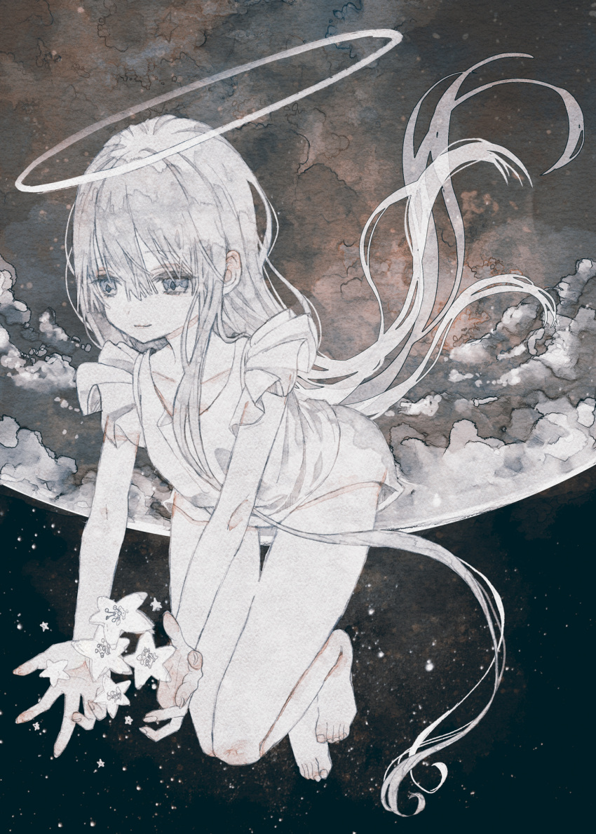 1girl angel bare_legs barefoot closed_mouth clouds collarbone dress floating flower full_body grey_eyes hair_between_eyes halo highres holding holding_flower long_hair moon original oseto_(oxxsexxto) painting_(medium) pale_skin sky sleeveless solo star_(sky) traditional_media very_long_hair watercolor_(medium) white_dress white_flower white_hair