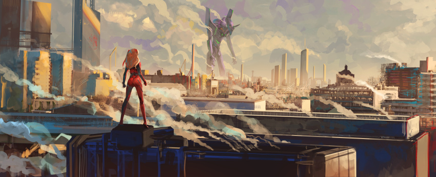 1girl absurdres advarcher arms_at_sides bodysuit building cityscape clouds cloudy_sky commentary_request crane_(machine) eva_01 evangelion_(mecha) facing_away hairpods highres horns interface_headset legs_apart long_hair mecha neon_genesis_evangelion nerv orange_hair outdoors pilot_suit plugsuit red_bodysuit robot rooftop scenery science_fiction single_horn sky skyscraper smoke souryuu_asuka_langley standing super_robot