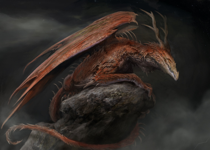 animal_focus antlers black_background brown_horns claws commentary dragon english_commentary from_side full_body horns manzanedo no_humans on_rock orange_eyes original realistic sharp_teeth solo spikes tail teeth western_dragon wings