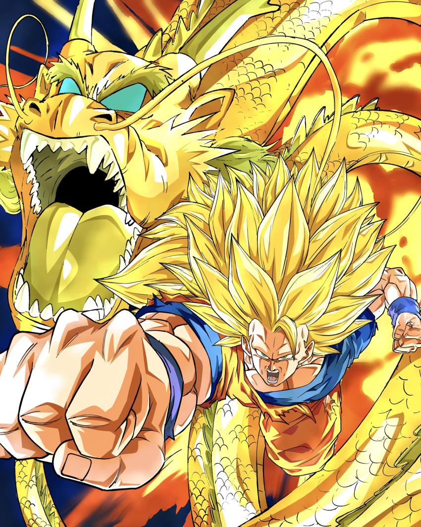 1boy blonde_hair blue_wristband clenched_hand dougi dragon dragon_ball dragon_ball_z dragon_fist_(dragon_ball) dragon_horns eastern_dragon explosion green_eyes highres horns long_hair male_focus muscular muscular_male no_eyebrows no_pupils official_style oharu2000 open_mouth punching sharp_teeth shenron_(dragon_ball) son_goku spiky_hair super_saiyan super_saiyan_3 teeth toriyama_akira_(style) torn_clothes very_long_hair whiskers yellow_scales